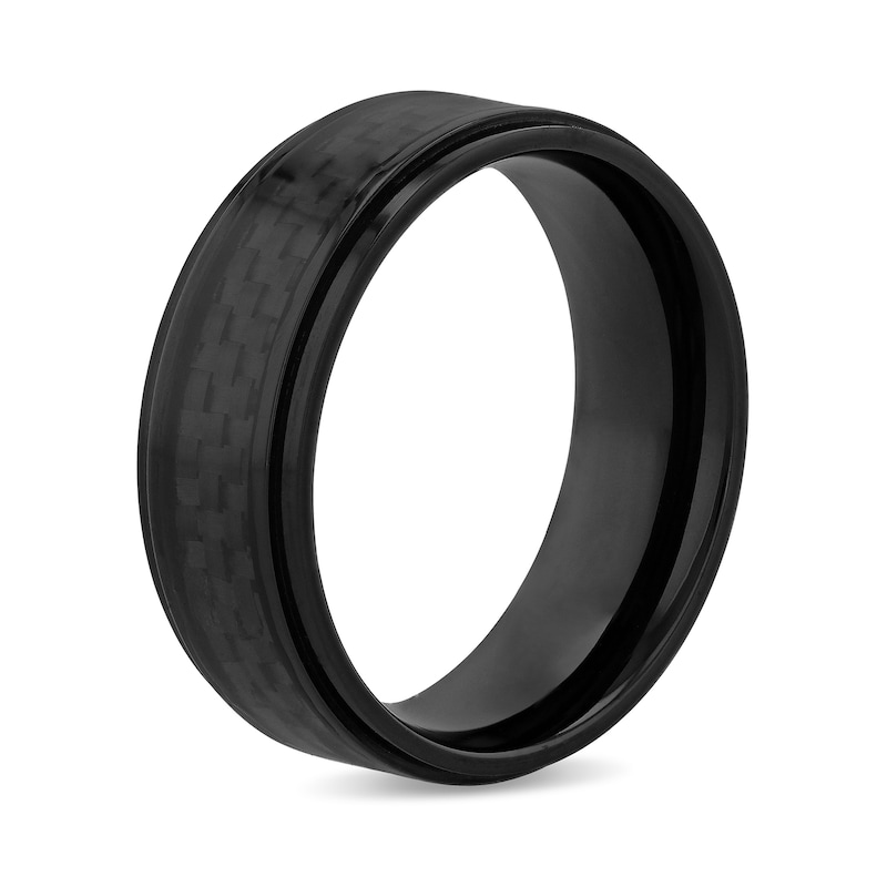 Main Image 3 of Men's 8.0mm Engravable Stepped Edge Comfort-Fit Wedding Band in Titanium with Black IP and Carbon Fibre Inlay (1 Line)