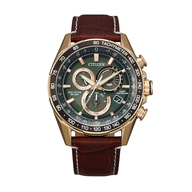 Men's Citizen Eco-Drive® Perpetual Chrono A-T Rose-Tone Chronograph Strap Watch with Green Dial (Model: CB5919-00X)|Peoples Jewellers