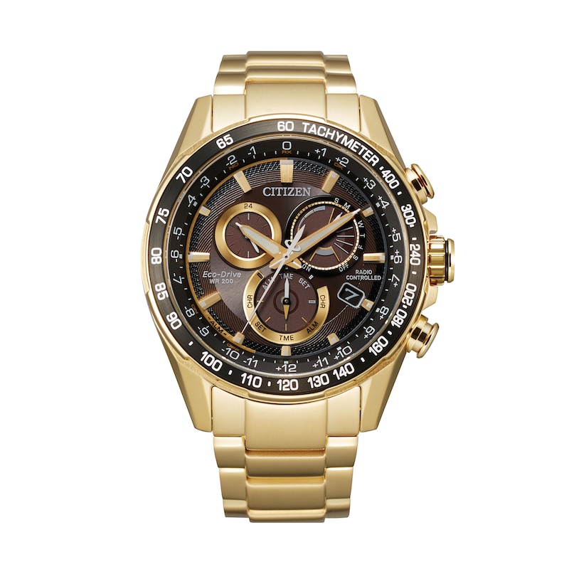 Men's Citizen Eco-Drive® Perpetual Chrono A-T Gold-Tone Chronograph Watch with Black Dial (Model: CB5912-50E)|Peoples Jewellers