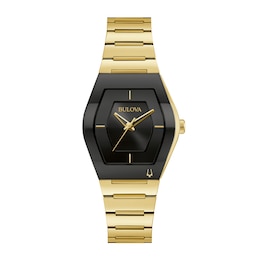 Ladies' Bulova Gemini Gold-Tone Watch with Tonneau Black Dial (Model: 97L164)