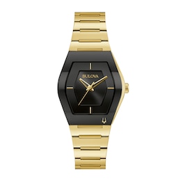 Ladies' Bulova Gemini Gold-Tone Watch with Tonneau Black Dial (Model: 97L164)