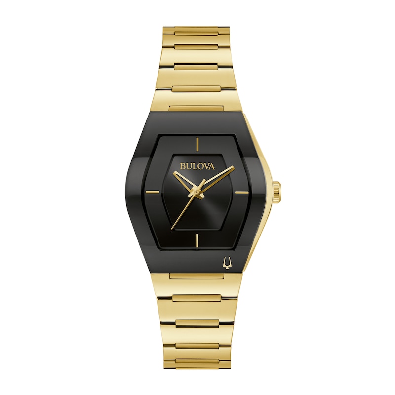 Ladies' Bulova Gemini Gold-Tone Watch with Tonneau Black Dial (Model: 97L164)|Peoples Jewellers