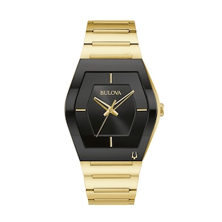 Men's Bulova Gemini Gold-Tone Watch with Tonneau Black Dial (Model: 97A164)