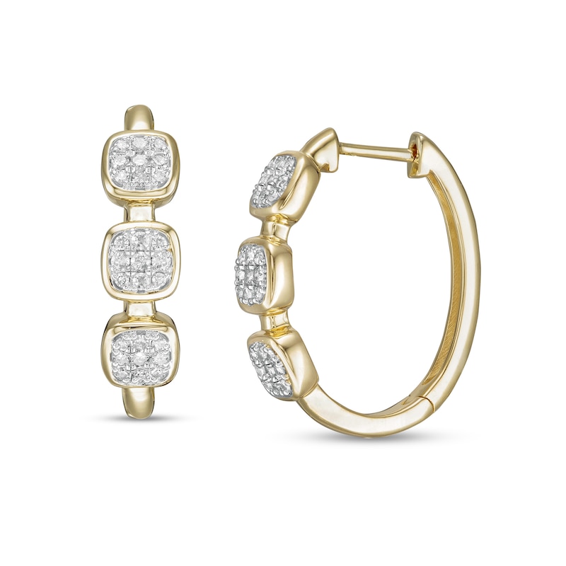 Main Image 1 of 0.25 CT. T.W. Composite Cushion Diamond Linear Three Stone Hoop Earrings in 10K Gold