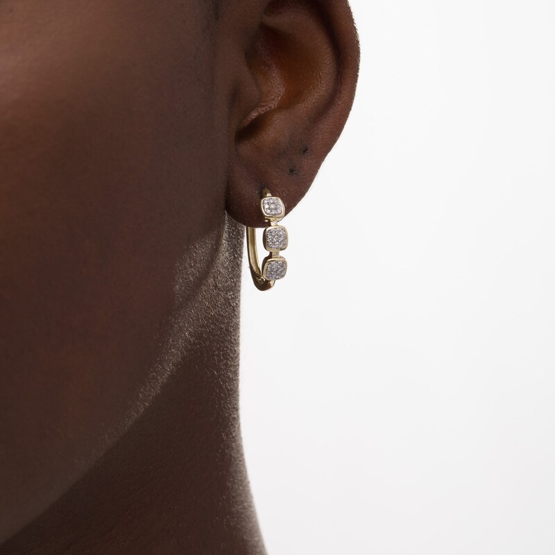 Main Image 2 of 0.25 CT. T.W. Composite Cushion Diamond Linear Three Stone Hoop Earrings in 10K Gold