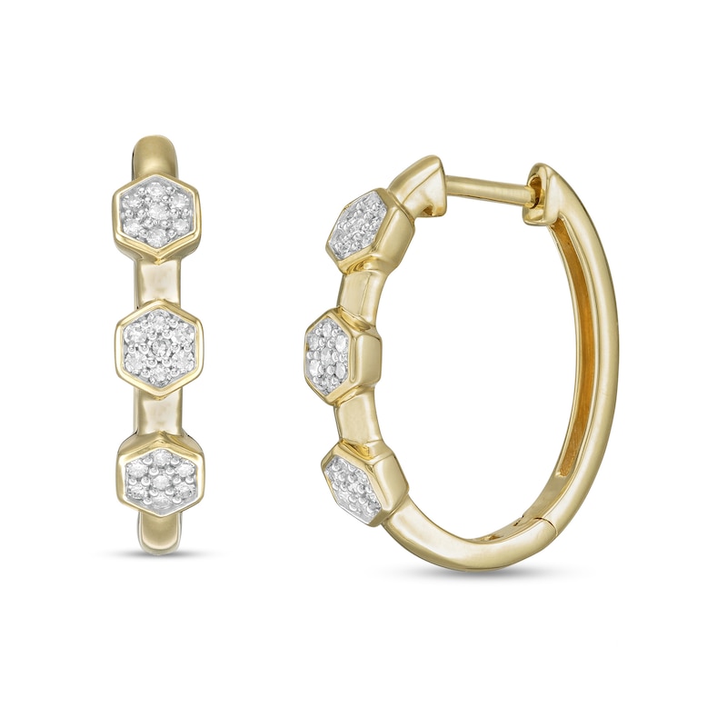 Main Image 1 of 0.20 CT. T.W. Composite Diamond Hexagon Linear Three Stone Hoop Earrings in 10K Gold
