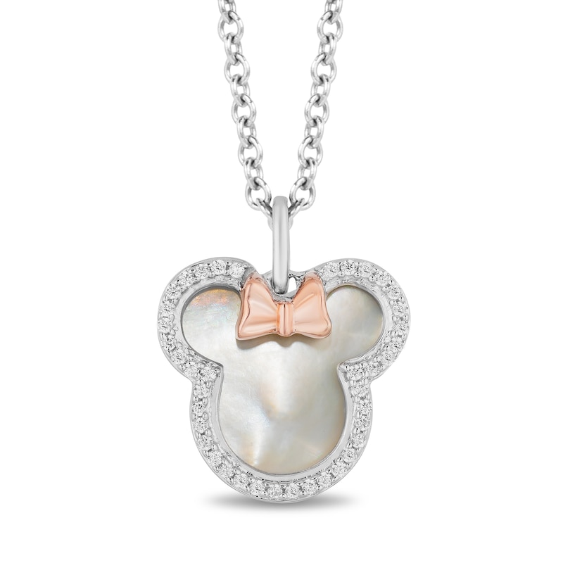 Disney Treasures Minnie Mouse Mother of Pearl and Diamond Outline Pendant in Sterling Silver and 10K Rose Gold - 19"|Peoples Jewellers