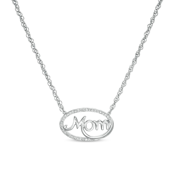 0.06 CT. T.W. Diamond Sideways Oval "Mom" Necklace in Sterling Silver