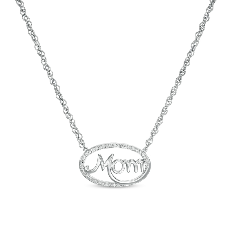 0.06 CT. T.W. Diamond Sideways Oval "Mom" Necklace in Sterling Silver