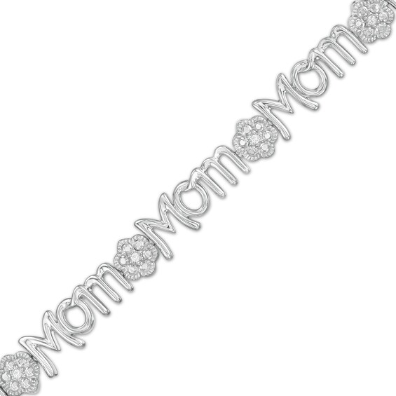0.04 CT. T.W. Diamond Alternating "Mom" and Flower Bracelet in Sterling Silver - 7.5"