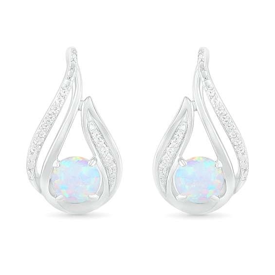Lab-Created Opal and 0.065 CT. T.W. Diamond Flame Drop Earrings in Sterling Silver