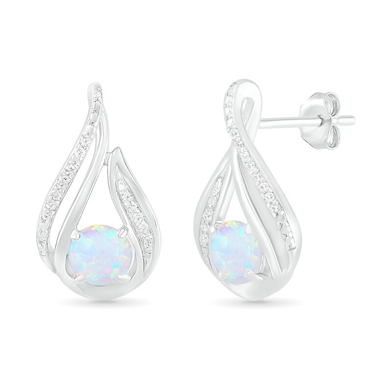 Main Image 2 of Lab-Created Opal and 0.065 CT. T.W. Diamond Flame Drop Earrings in Sterling Silver