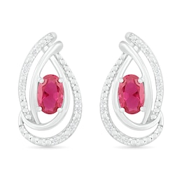 Oval Lab-Created Ruby and 0.067 CT. T.W. Diamond Ribbon Flame Drop Earrings in Sterling Silver