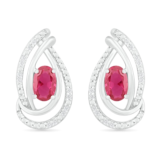 Oval Lab-Created Ruby and 0.067 CT. T.W. Diamond Ribbon Flame Drop Earrings in Sterling Silver