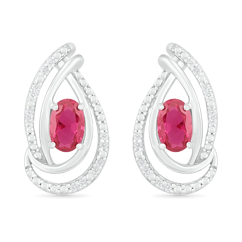Main Image 1 of Oval Lab-Created Ruby and 0.067 CT. T.W. Diamond Ribbon Flame Drop Earrings in Sterling Silver