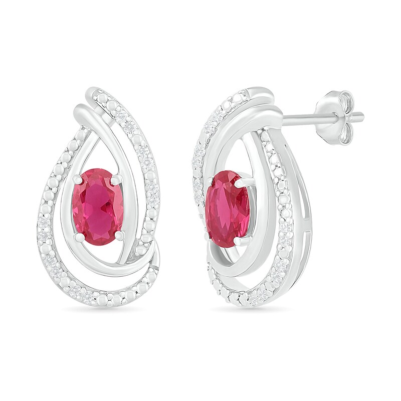 Main Image 2 of Oval Lab-Created Ruby and 0.067 CT. T.W. Diamond Ribbon Flame Drop Earrings in Sterling Silver