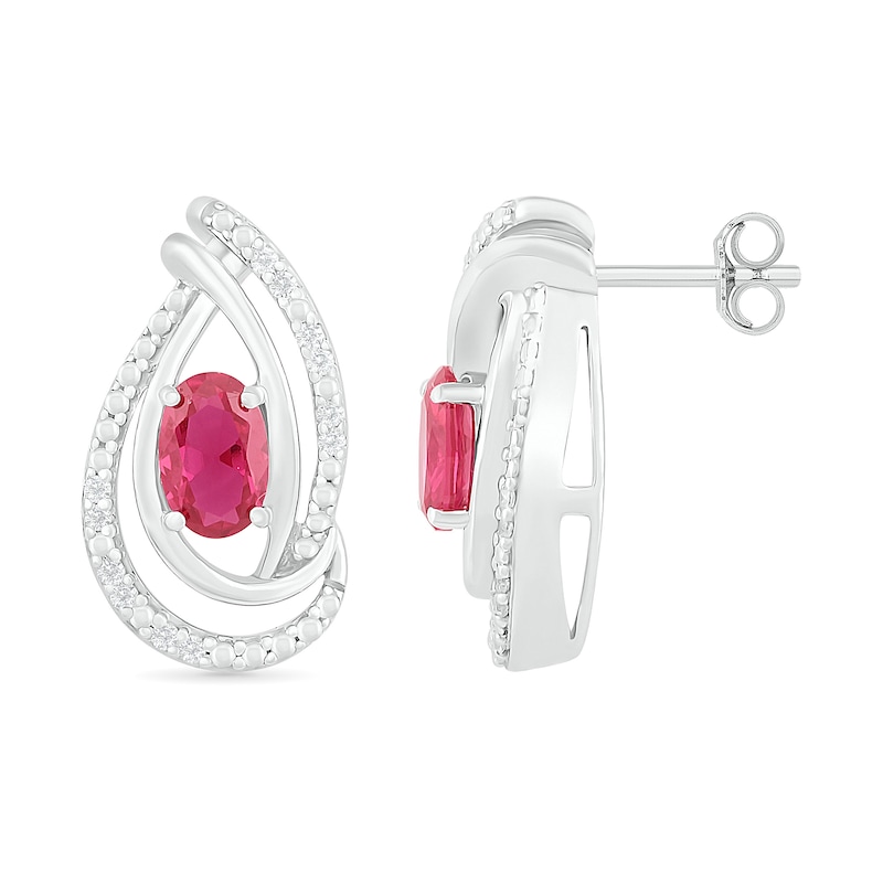 Main Image 3 of Oval Lab-Created Ruby and 0.067 CT. T.W. Diamond Ribbon Flame Drop Earrings in Sterling Silver