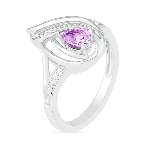 Pear-Shaped Amethyst and 0.04 CT. T.W. Diamond Flame Frame Split Shank Ring in Sterling Silver