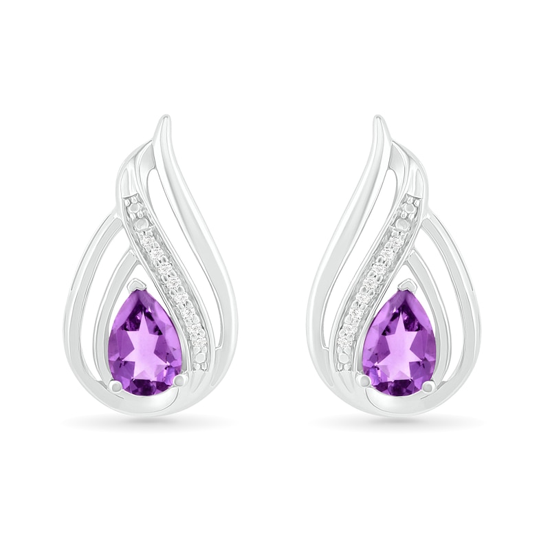 Main Image 1 of Pear-Shaped Amethyst and 0.065 CT. T.W. Diamond Flame Drop Earrings in Sterling Silver