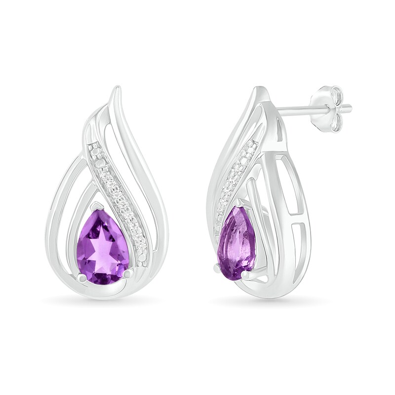Main Image 2 of Pear-Shaped Amethyst and 0.065 CT. T.W. Diamond Flame Drop Earrings in Sterling Silver