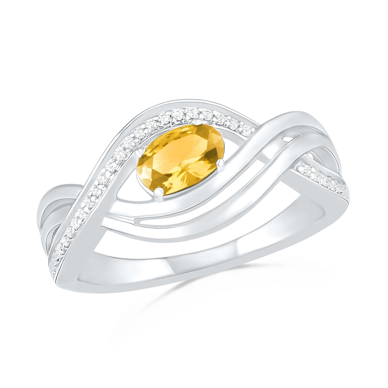 Sideways Oval Citrine and 0.067 CT. T.W. Diamond Multi-Row Bypass Split Shank Ring in Sterling Silver