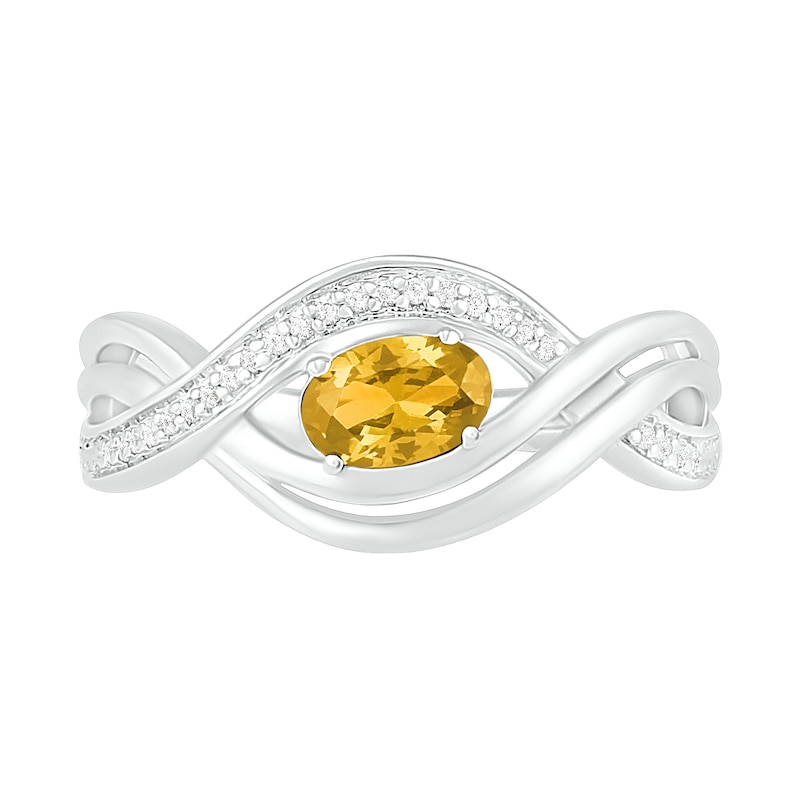 Sideways Oval Citrine and 0.067 CT. T.W. Diamond Multi-Row Bypass Split Shank Ring in Sterling Silver