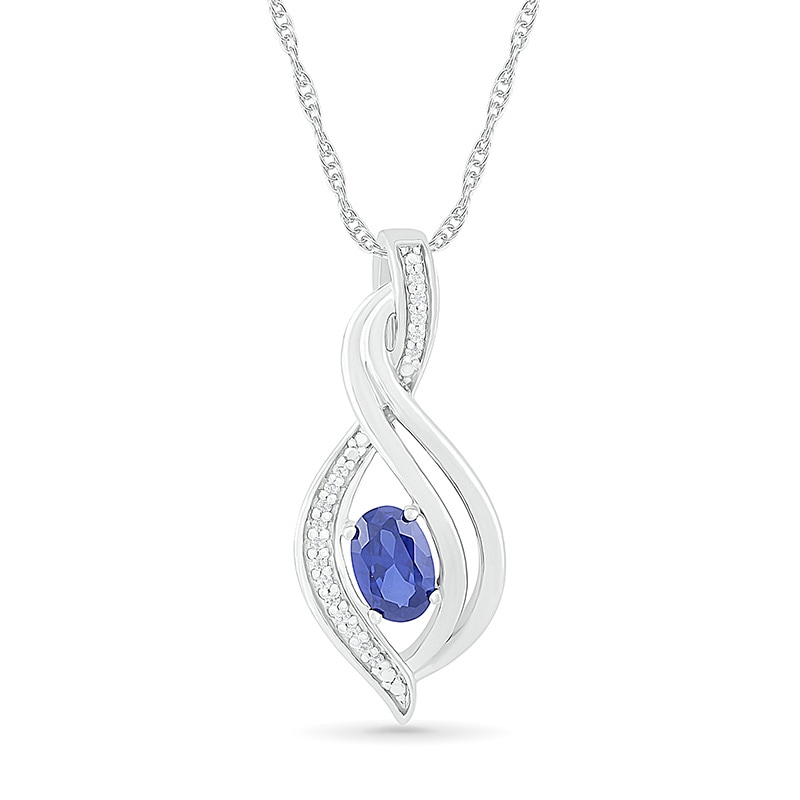 Oval Blue Lab-Created Sapphire and 0.04 CT. T.W. Diamond Flame Drop Pendant in Sterling Silver