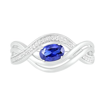 Sideways Oval Blue Lab-Created Sapphire and 0.067 CT. T.W. Diamond Multi-Row Bypass Split Shank Ring in Sterling Silver