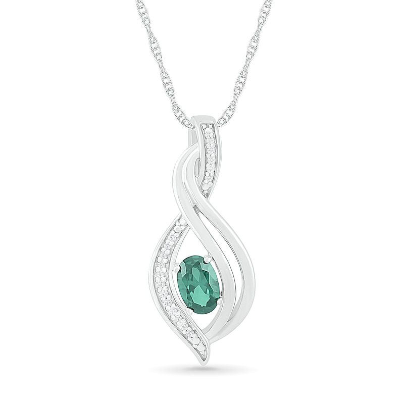 Oval Lab-Created Emerald and 0.04 CT. T.W. Diamond Flame Drop Pendant in Sterling Silver|Peoples Jewellers