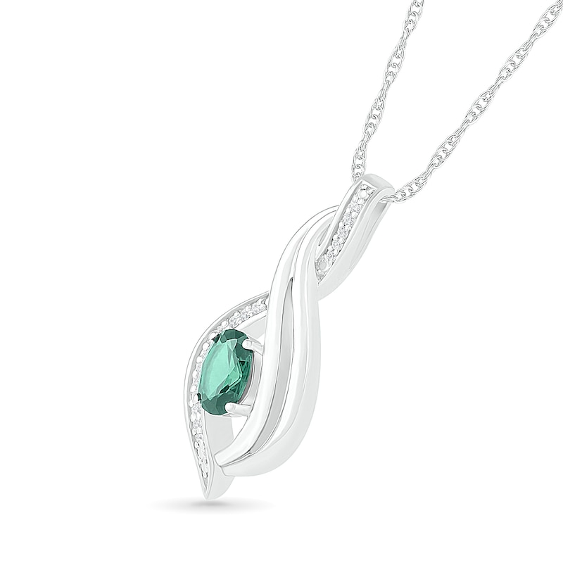 Main Image 2 of Oval Lab-Created Emerald and 0.04 CT. T.W. Diamond Flame Drop Pendant in Sterling Silver