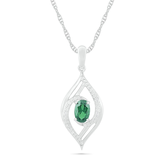 Oval Lab-Created Emerald and 0.065 CT. T.W. Diamond Bypass Flame Pendant in Sterling Silver