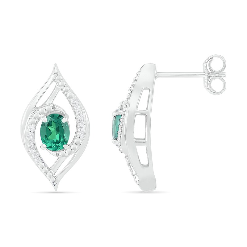 Main Image 3 of Lab-Created Oval Emerald and 0.067 CT. T.W. Diamond Bypass Flame Stud Earrings in Sterling Silver