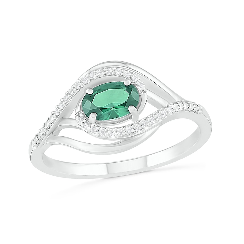 Main Image 1 of Sideways Oval Lab-Created Emerald and 0.065 CT. T.W. Diamond Layered Multi-Row Split Shank Ring in Sterling Silver