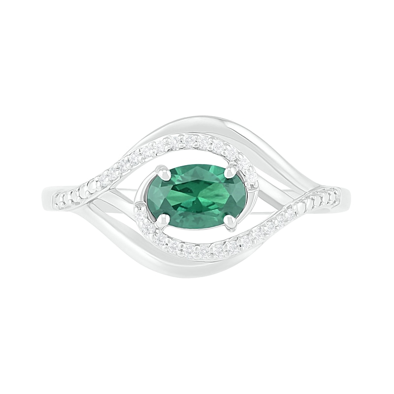 Main Image 2 of Sideways Oval Lab-Created Emerald and 0.065 CT. T.W. Diamond Layered Multi-Row Split Shank Ring in Sterling Silver