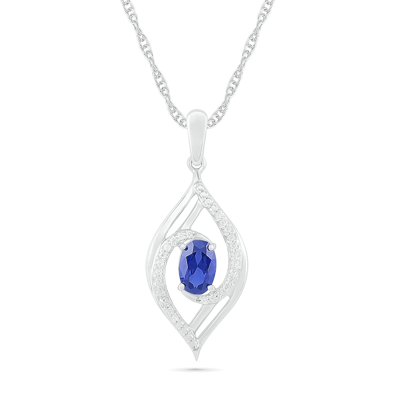 Oval Blue Lab-Created Sapphire and 0.065 CT. T.W. Diamond Bypass Flame Pendant in Sterling Silver