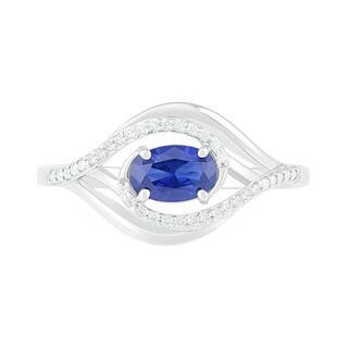 Sideways Oval Blue Lab-Created Sapphire and 0.065 CT. T.W. Diamond Layered Multi-Row Split Shank Ring in Sterling Silver