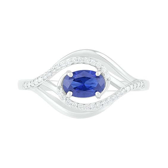 Sideways Oval Blue Lab-Created Sapphire and 0.065 CT. T.W. Diamond Layered Multi-Row Split Shank Ring in Sterling Silver