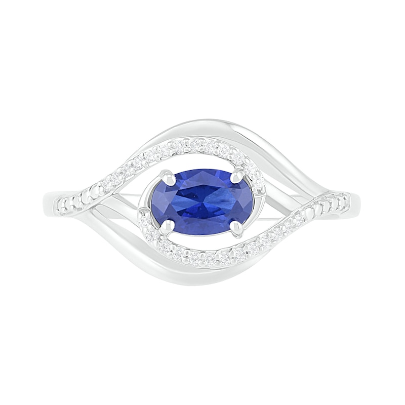 Sideways Oval Blue Lab-Created Sapphire and 0.065 CT. T.W. Diamond Layered Multi-Row Split Shank Ring in Sterling Silver