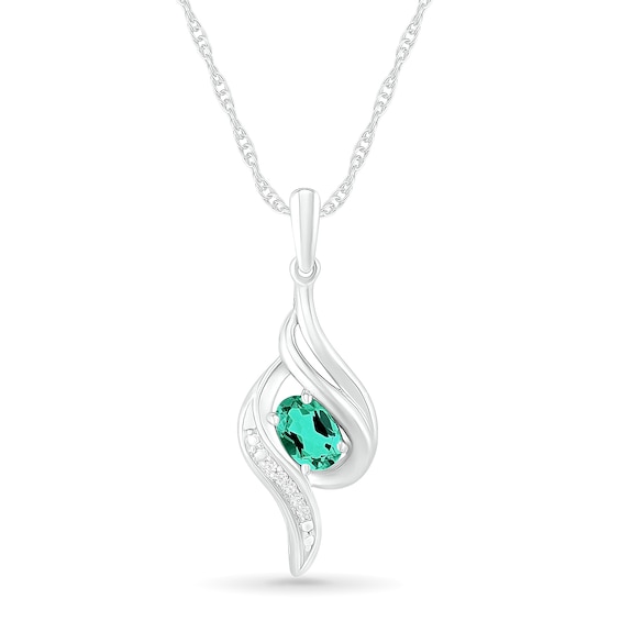 Oval Lab-Created Emerald and Diamond Accent Ribbon Flame Pendant in Sterling Silver