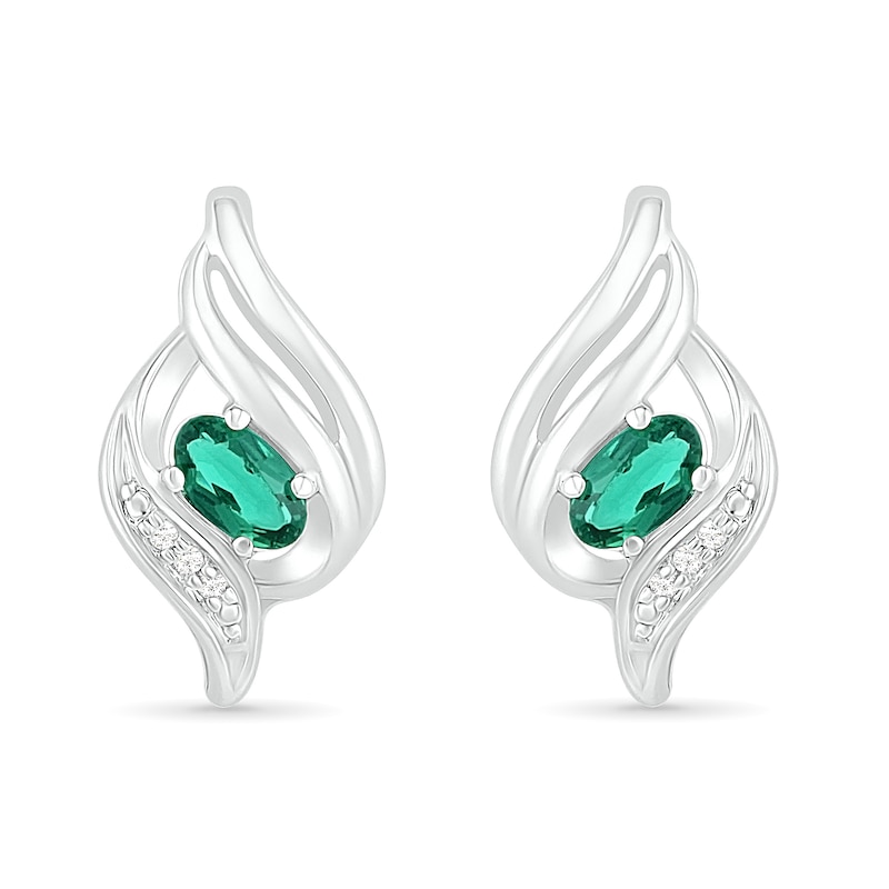Main Image 1 of Oval Lab-Created Emerald and Diamond Accent Cascading Flame Stud Earrings in Sterling Silver