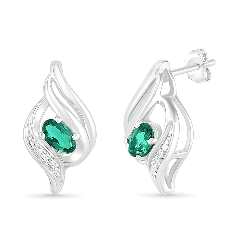 Main Image 2 of Oval Lab-Created Emerald and Diamond Accent Cascading Flame Stud Earrings in Sterling Silver