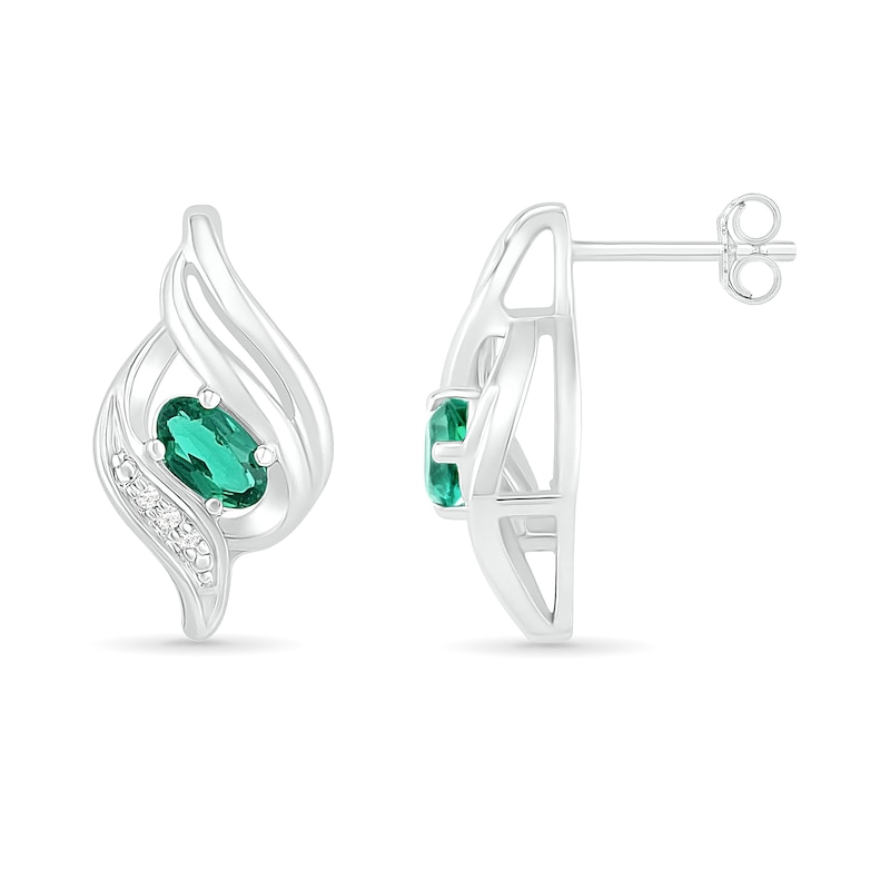 Main Image 3 of Oval Lab-Created Emerald and Diamond Accent Cascading Flame Stud Earrings in Sterling Silver