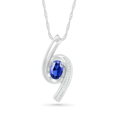 Oval Blue Lab-Created Sapphire and Diamond Accent Bypass Ribbon Pendant in Sterling Silver