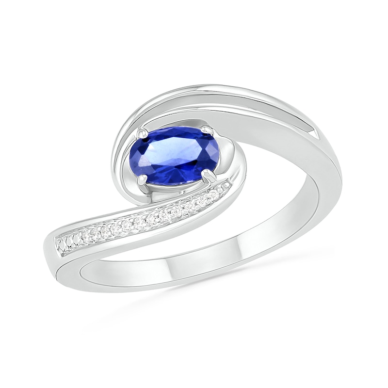 Sideways Blue Lab-Created Sapphire and Diamond Accent Bypass Ring in Sterling Silver|Peoples Jewellers