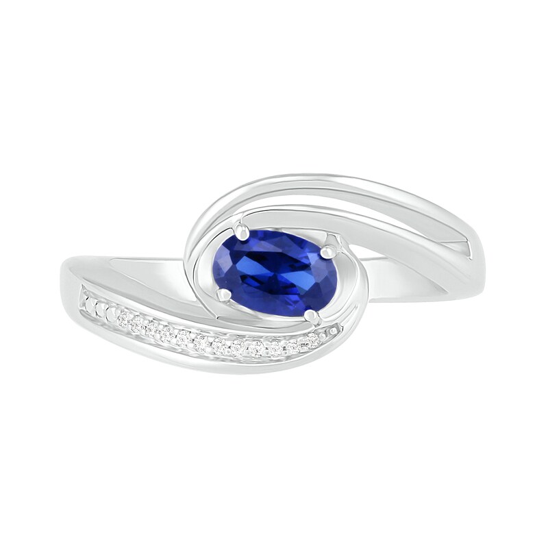 Sideways Blue Lab-Created Sapphire and Diamond Accent Bypass Ring in Sterling Silver|Peoples Jewellers