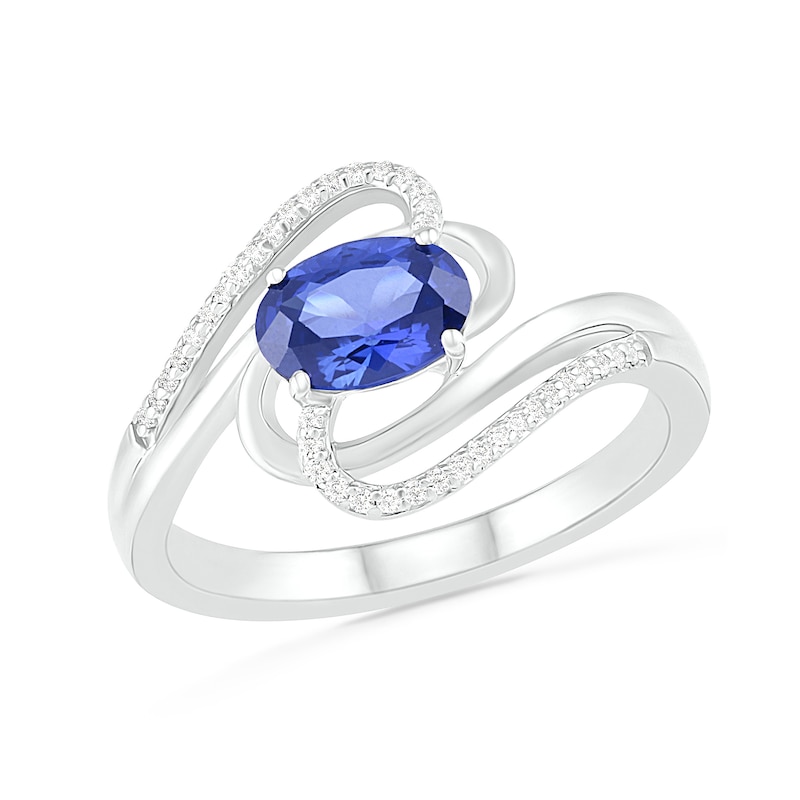 Sideways Blue Lab-Created Sapphire and 0.068 CT. T.W. Diamond Ribbon Bypass Ring in Sterling Silver|Peoples Jewellers