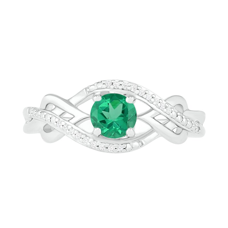 Main Image 2 of Lab-Created Emerald and 0.04 CT. T.W. Diamond Layered Braid Ring in Sterling Silver