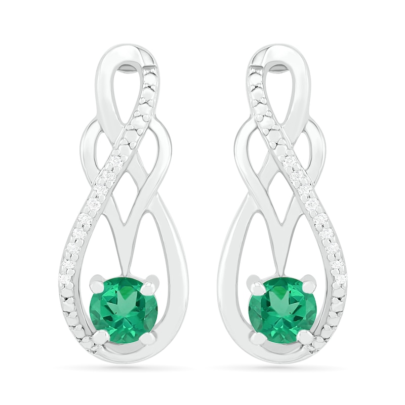 Main Image 1 of Lab-Created Emerald and 0.04 CT. T.W. Diamond Infinity Overlay Drop Earrings in Sterling Silver
