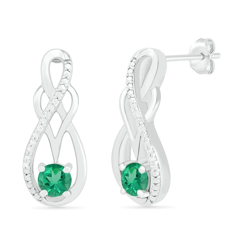 Main Image 2 of Lab-Created Emerald and 0.04 CT. T.W. Diamond Infinity Overlay Drop Earrings in Sterling Silver