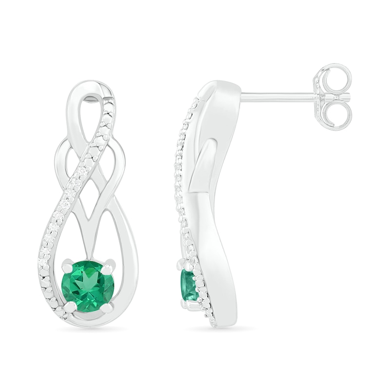 Main Image 3 of Lab-Created Emerald and 0.04 CT. T.W. Diamond Infinity Overlay Drop Earrings in Sterling Silver